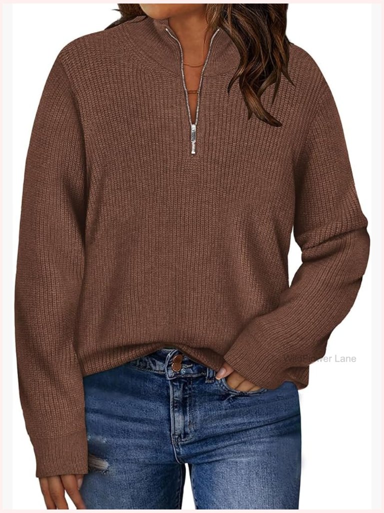 Plus Size Mock Neck Long Sleeve Knit Pullover Sweater With Zipper